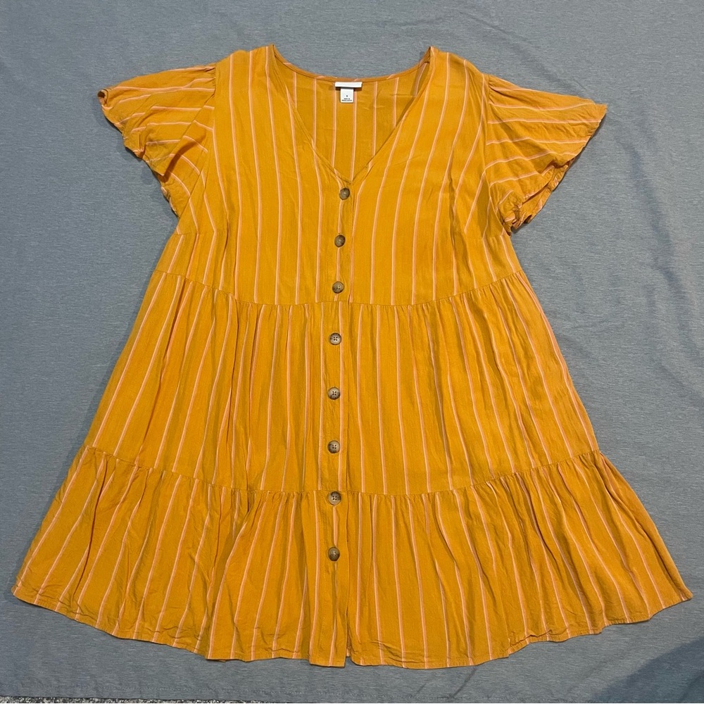 Ava & Viv Plus Dress X Orange Stripe Tiered Button Front Flutter Sleeve